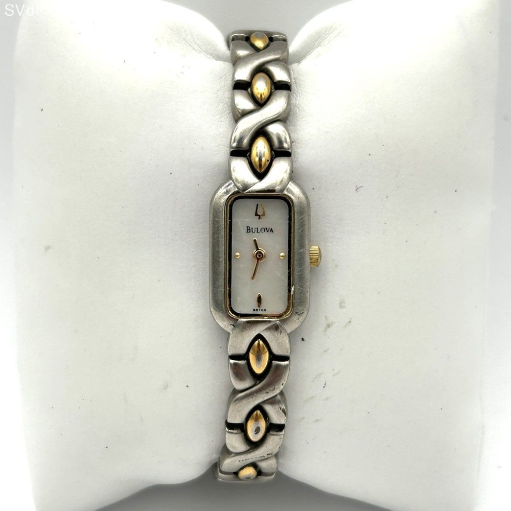 Vintage Y2K Bulova Women's Two-Tone Cross Link Bracelet Watch C899179 White Dial